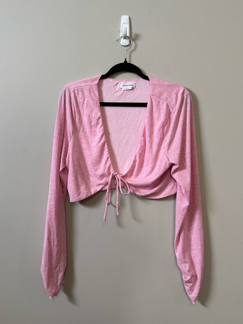 Lovers + Friends Revolve pink ribbed tie front cropped blouse